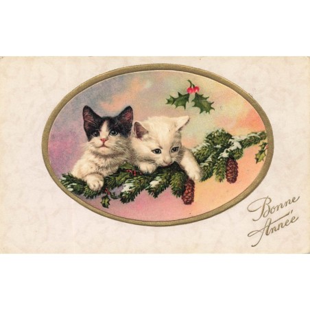 n°28818 - Nouvel An - Bonne Année - Chats jouant avec une branche de sapin