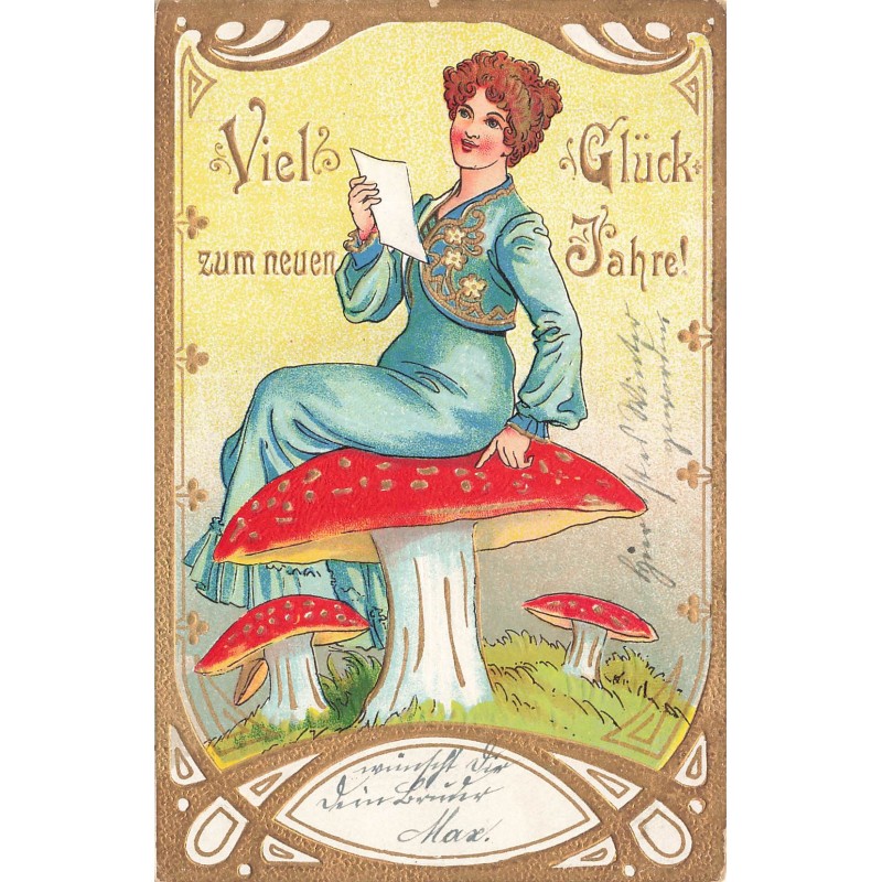 n°28819 - Carte Gaufrée - Nouvel An -Jeune femme lisant une lettre assise sur un champignon