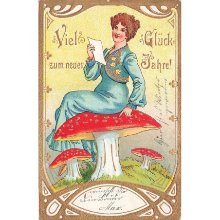 n°28819 - Carte Gaufrée - Nouvel An -Jeune femme lisant une lettre assise sur un champignon