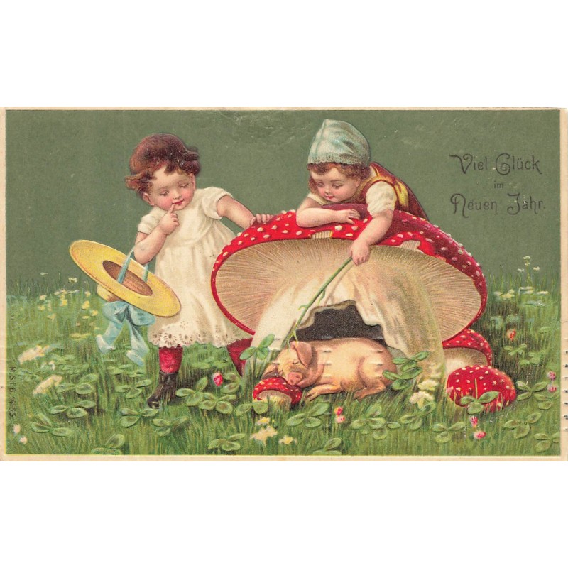 n°28820 - Carte Gaufrée - Nouvel An - Fillettes embêtant un cochon dormant sous un champignon
