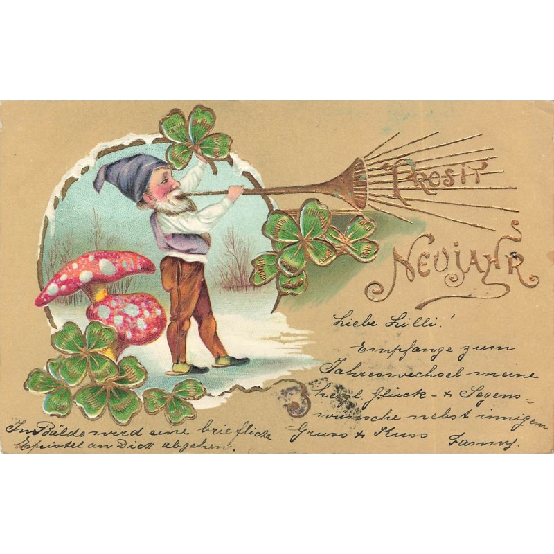 n°28821 - Carte Gaufrée - Prosit Neujahr - Nain près de champignons, soufflant dans une trompette