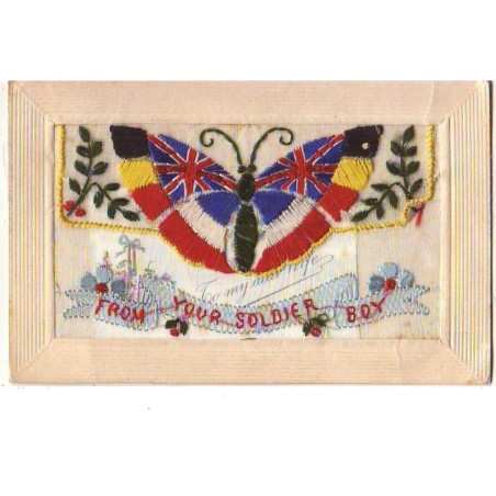 n°13502 - Carte Brodée - From your Soldier Box - Papilllon avec des drapeaux