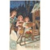 n°28823 - Carte Gaufrée - Heureux Noël - Fillettes déposant des paquets sur une luge
