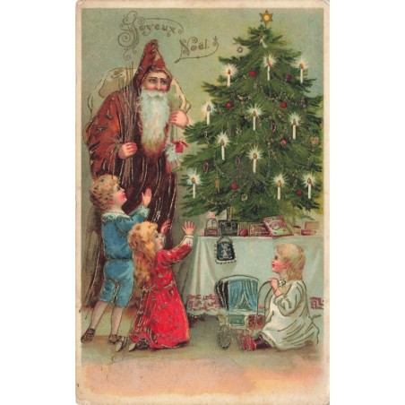 n°28824 - Carte Gaufrée - Joyeux Noël - Enfants et Père Noël près d'un sapin