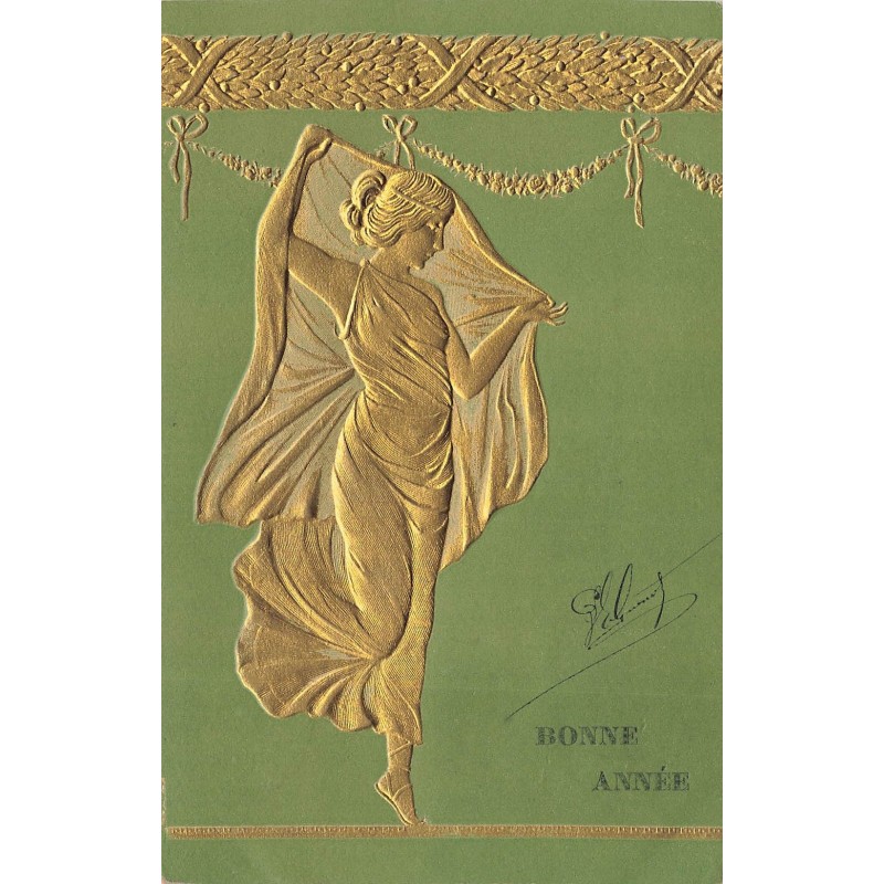 n°28830 - Carte Gaufrée - Bonne Année - Femme dansant avec un voile