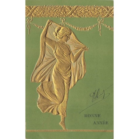 n°28830 - Carte Gaufrée - Bonne Année - Femme dansant avec un voile