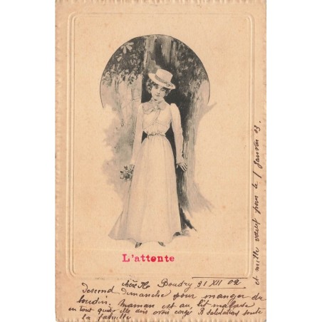 n°28832 - Fantaisie - Jeune femme debout près d'un arbre - L'attente