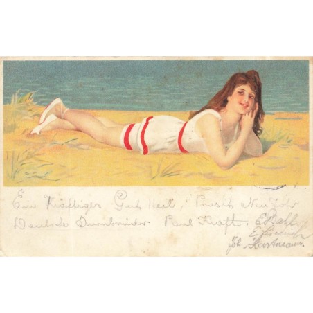n°28835 - Fantaisie - Jeune femme allongée sur le ventre sur une plage - baigneuse