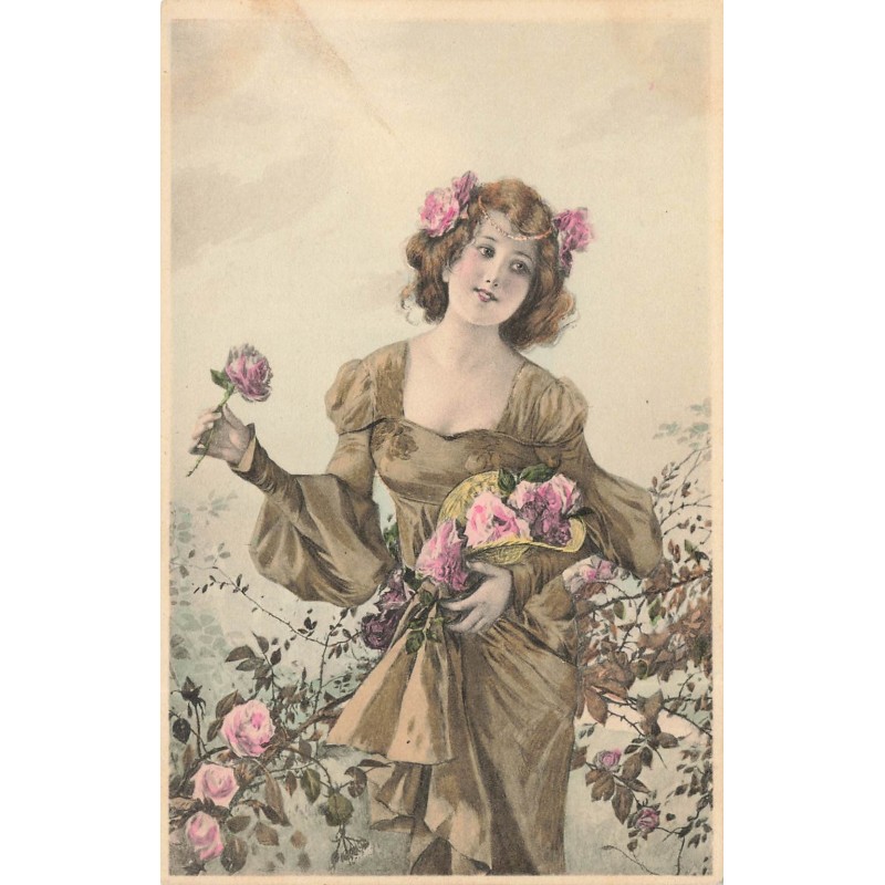 n°28838 - Fantaisie - MM Vienne n°355 - Jeune femme cueillant des roses