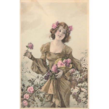 n°28838 - Fantaisie - MM Vienne n°355 - Jeune femme cueillant des roses