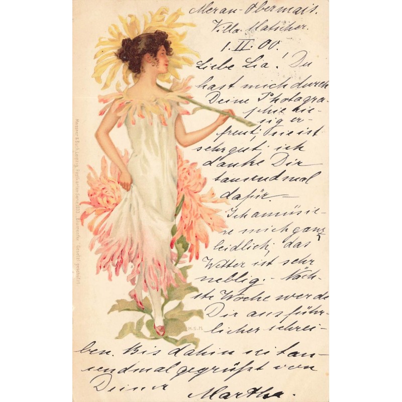 n°28841 - Fantaisie - MSM - Jeune femme portant une robe avec des pétales, et tenant une fleur comme ombrelle