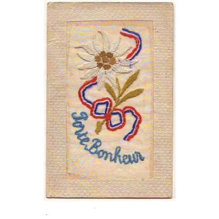 n°13504 - Carte Brodée - Porte-Bonheur Edelweis avec un ruban au couleur tricolore