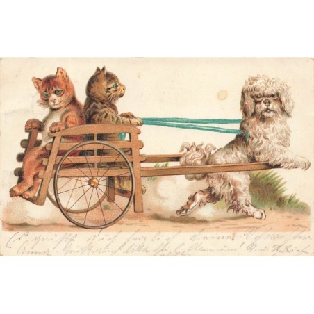 n°28844 - Carte Gaufrée - Chats dans une charette tirée par un caniche