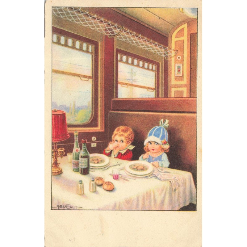 n°28848 - Illustrateur A. Bertiglia - Couple d'enfants mangeant dans un wagon restaurant