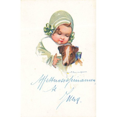 n°28850 - Illustrateur A. Bertiglia - Bébé câlinant un chien