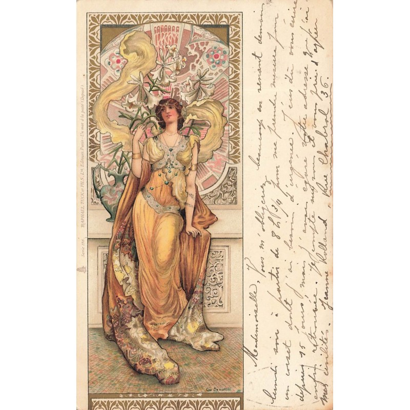 n°28851 - Illustrateur - Eva Daniell - Art Nouveau - Jeune femme près d'un mur décoré de fleurs