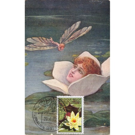n°28853 - Fantaisie - Tête d'une femme dans un nénuphar, regardant une libellule humanisée - carte maximum