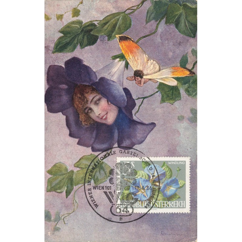n°28854 - Fantaisie - Tête d'une femme dans une fleur, regardant un papillon humanisé - carte maximum