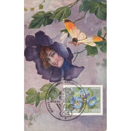 n°28854 - Fantaisie - Tête d'une femme dans une fleur, regardant un papillon humanisé - carte maximum