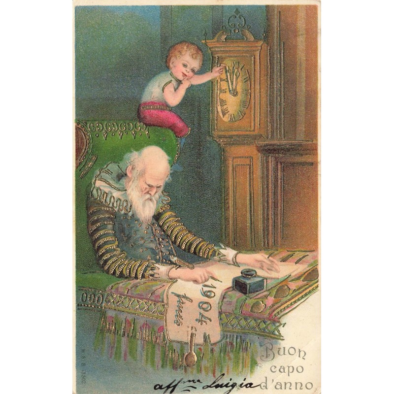 n°28869 - Carte Gaufrée - MSIB 13502 - Buon capo d'anno - Enfant règlant une pendule, tandis qu'un vieil homme dort