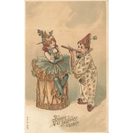 n°28871 - Carte Gaufrée - MSIB 13557 - Bonne et Heureuse Année - Pierrot jouant des la musique pour Colombine