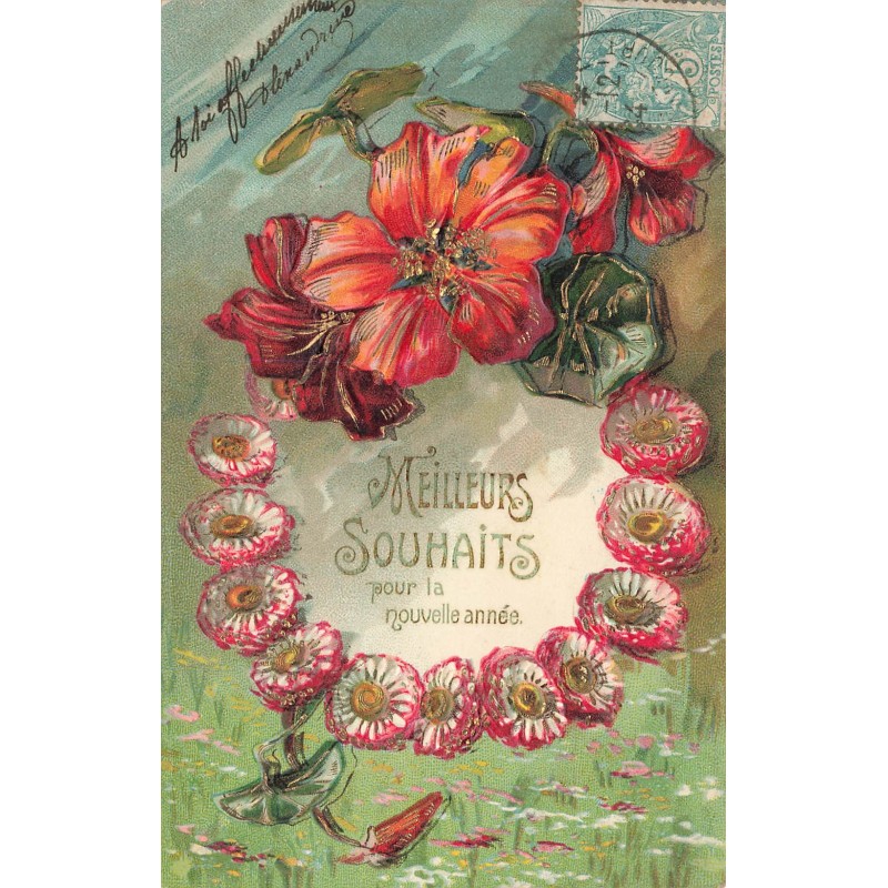 n°28872 - Carte Gaufrée - Nouvel An - Meilleurs souhaits pour la nouvelle année - Couronne de fleurs