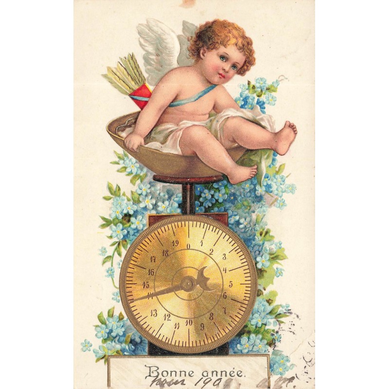 n°28873 - Carte Gaufrée - Clapsaddle - Bonne Année - Cupidon assis sur une balance à plateau