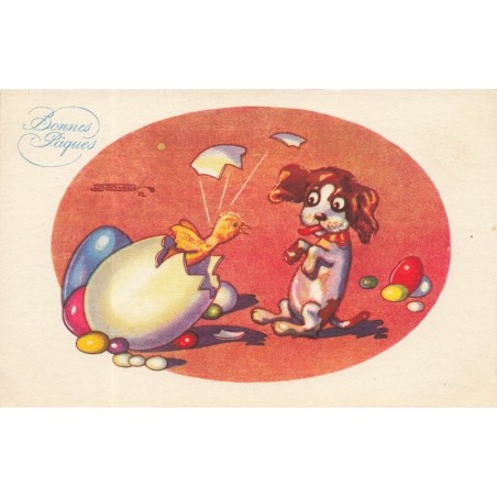 n°28874 - Bonnes Pâques - Chien regardant un poussin sortant de son oeuf- Illustrateur Sgrilli