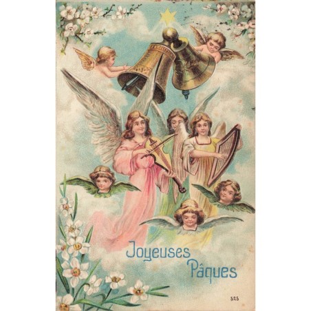 n°28876 - Carte Gaufrée - Joyeuses Pâques - Angelots et anges gardien jouant de la musique sous des cloches