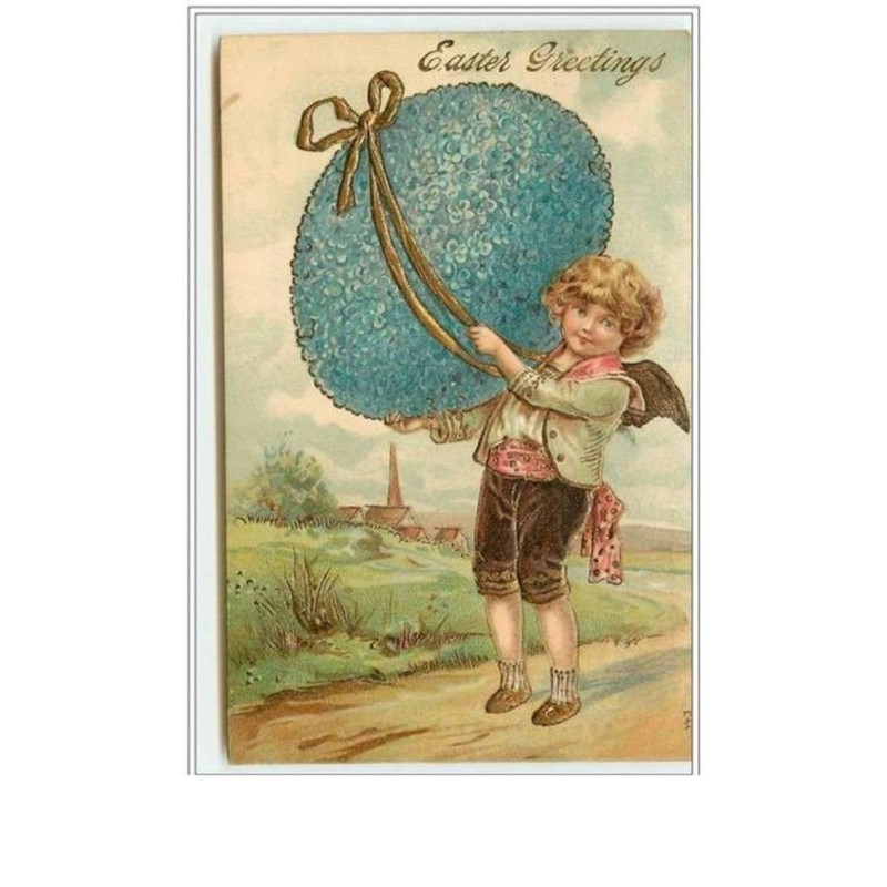 n°1035 - Carte Gaufrée - Easter Greetings - Angelot et oeuf