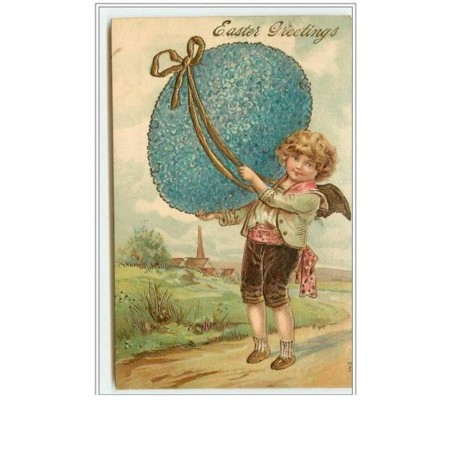 n°1035 - Carte Gaufrée - Easter Greetings - Angelot et oeuf