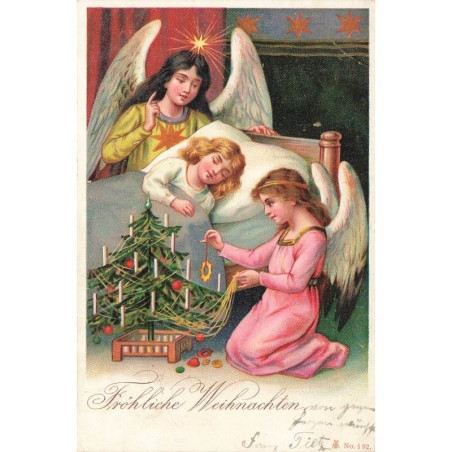 n°28878 - Noël - Fröhliche Weihnachten - Anges décorant un sapin, pendant le sommeil d'une fillette