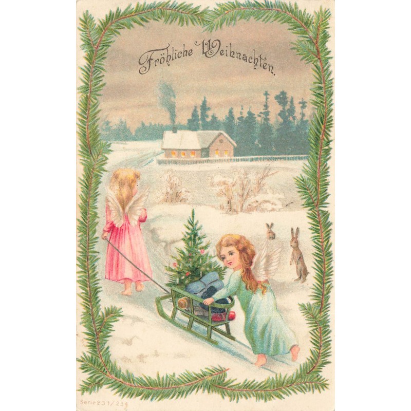 n°28880 - Fröhliche Weihnachten - Anges apportant un sapin et des cadeaux sur une luge, marchant dans la neige