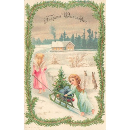n°28880 - Fröhliche Weihnachten - Anges apportant un sapin et des cadeaux sur une luge, marchant dans la neige