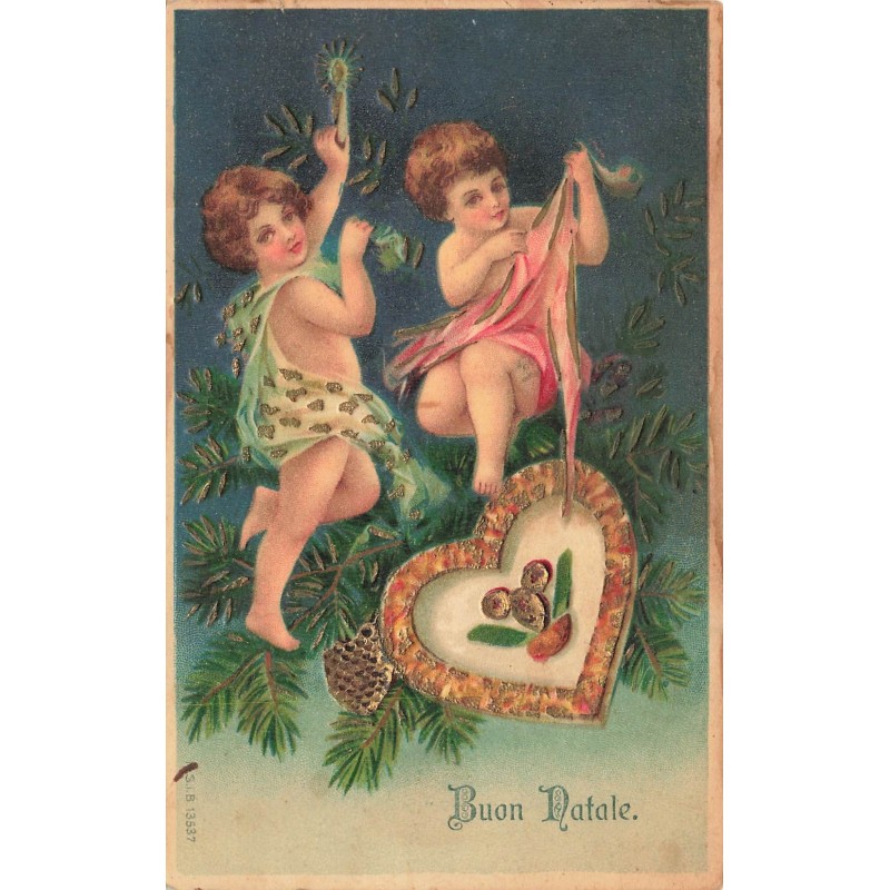 n°28882 - Carte Gaufrée - MSIB 13537 - Buon Natale - Anges, l'un tenant un coeur comme décoration pour un sapin