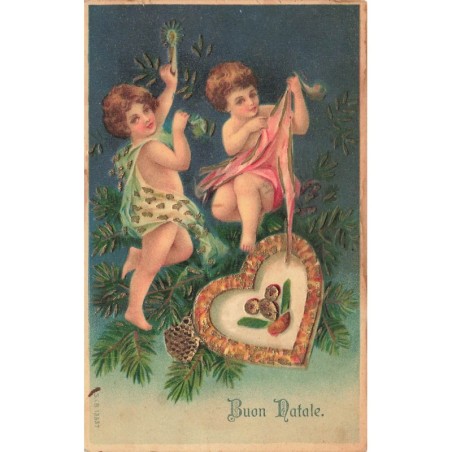 n°28882 - Carte Gaufrée - MSIB 13537 - Buon Natale - Anges, l'un tenant un coeur comme décoration pour un sapin