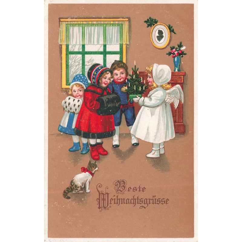 n°28883 - Noël - Beste Weihnachtsgrüsse - Enfants accueillant un ange apportant un sapin - chat