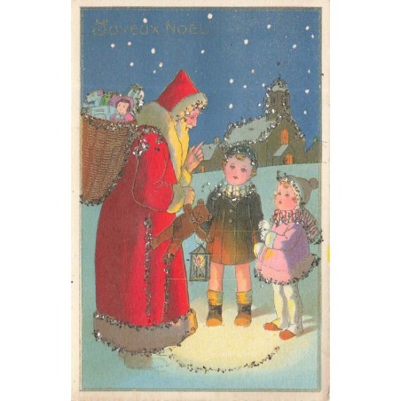 n°28887 - Joyeux Noël - Père Noël parlant à des enfants - Carte avec paillettes