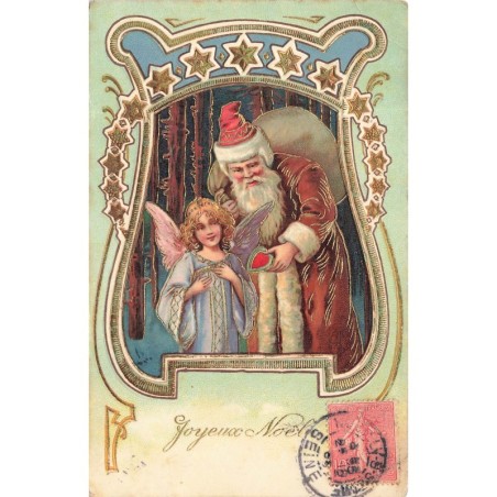 n°28889 - Carte Gaufrée - Joyeux Noël - Père Noël et un ange - Art Nouveau