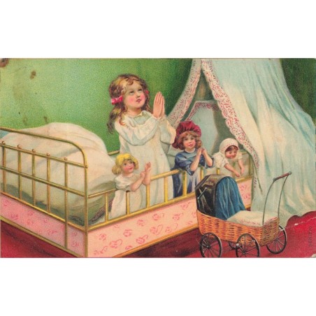 n°28891 - Carte Gaufrée - Fantaisie - Fillette priant avec ses poupées