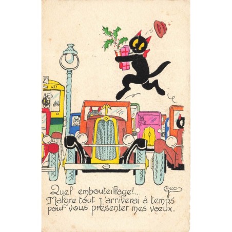 n°28898 - Illustrateur - Geo - Quel embouteillage !... mes voeux - Chat noir sautant sur le toir de voiture