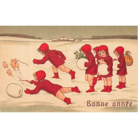 n°28906 - Illustrateur - Pauli Ebner - Bonne Année - Fillettes dans la neige courrant après des cochons