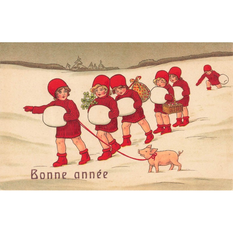 n°28907 - Illustrateur - Pauli Ebner - Bonne Année - Fillettes marchant dans la neige avec un cochon