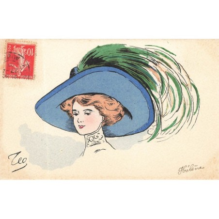 n°28912 - Illustrateur - Portrait d'une femme portant un chapeau bleu avec des plumes vertes - Mode
