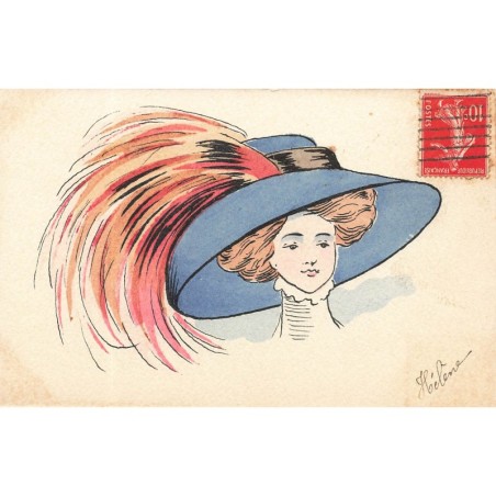 n°28913 - Illustrateur - Portrait d'une femme portant un chapeau bleu avec des plumes orange - Mode