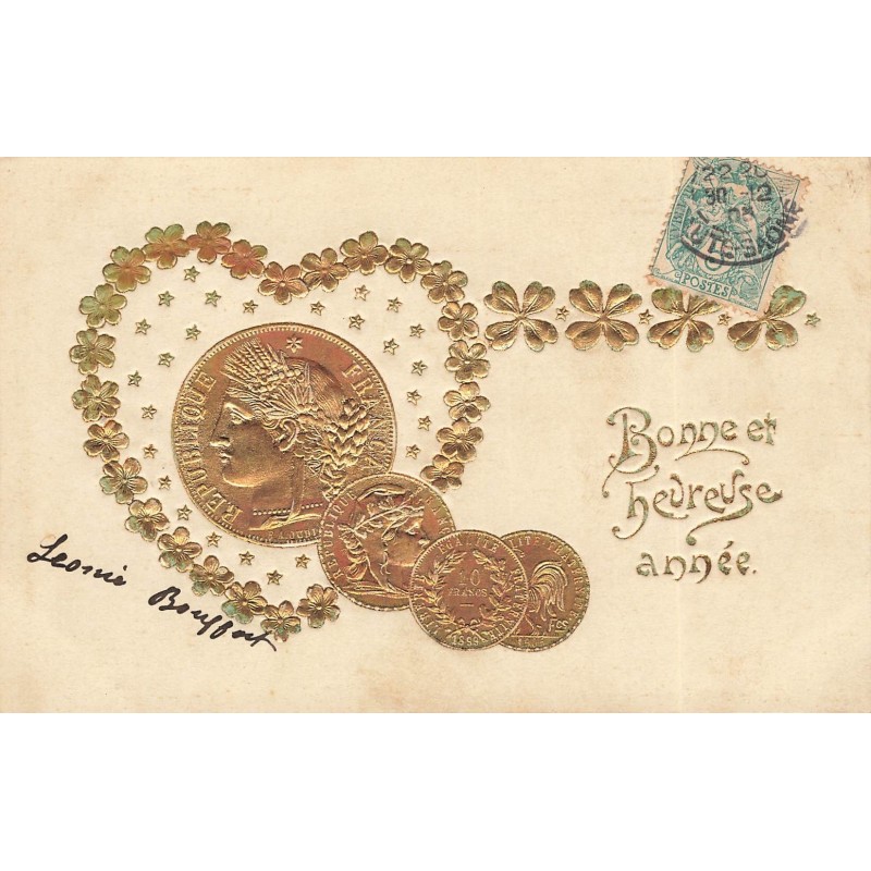 n°28916 - Carte Gaufrée - Bonne et Heureuse Année - Pièces d'or dans un coeur