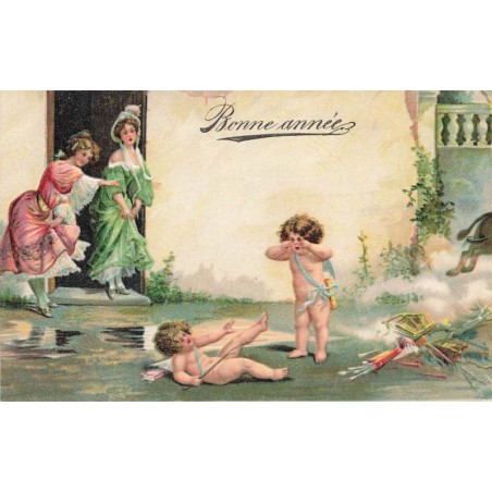 n°28920 - Carte Gaufrée - Bonne Année - Jeunes femmes regardant des cupidons tombés par-terre