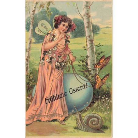 n°28924 - Carte Gaufrée -Fröhliche Ostern - Fée tenant en laisse des papillons, et parlant à un escargot