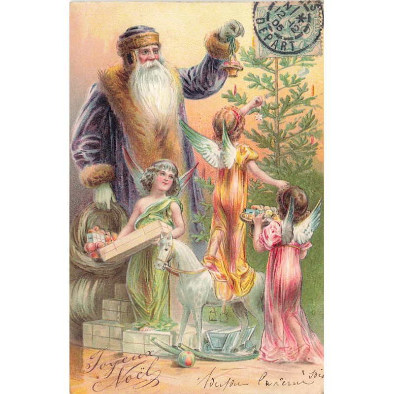 n°28926 - Carte Gaufrée - Joyeux Noël - Père Noël et anges décorant un sapin