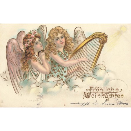 n°28930 - Carte Gaufrée - Noël - Fröhliche Weihnachten -Anges jouant de la harpe